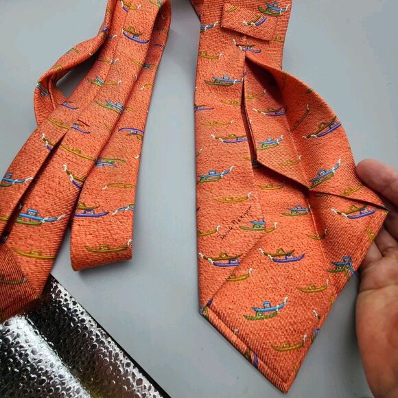 BVLGARI BULGARI Neck Tie. Venice Gondolas On Red Silk 7 Fold  Made In Italy - Picture 7 of 8